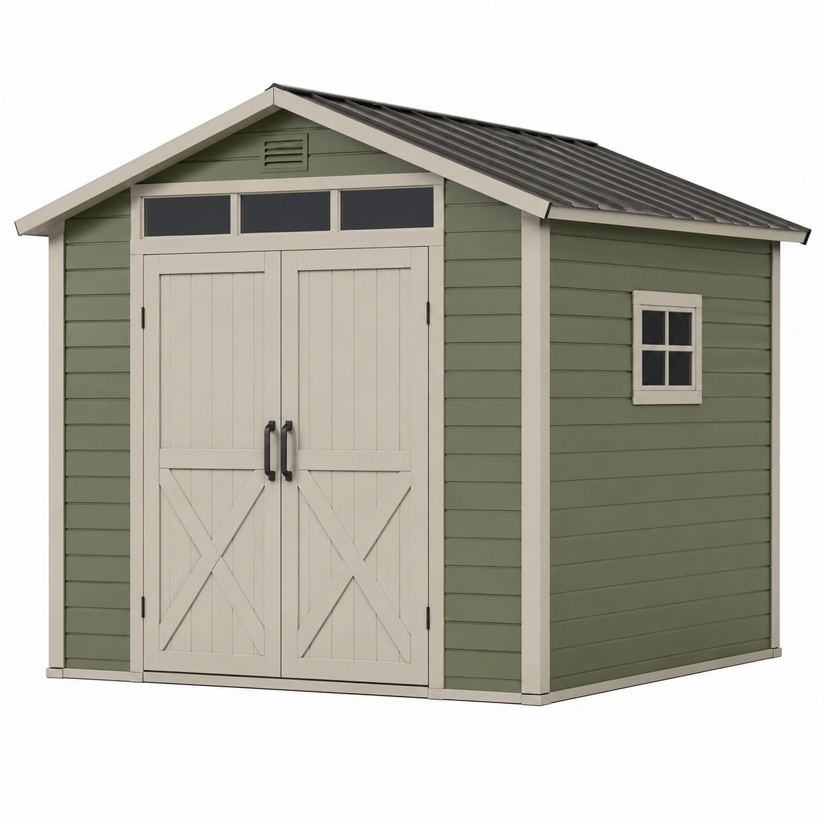 Gartenhaus 300×240×230 cm aus Kunststoff Grün Beige mit Doppeltür und Fenstern