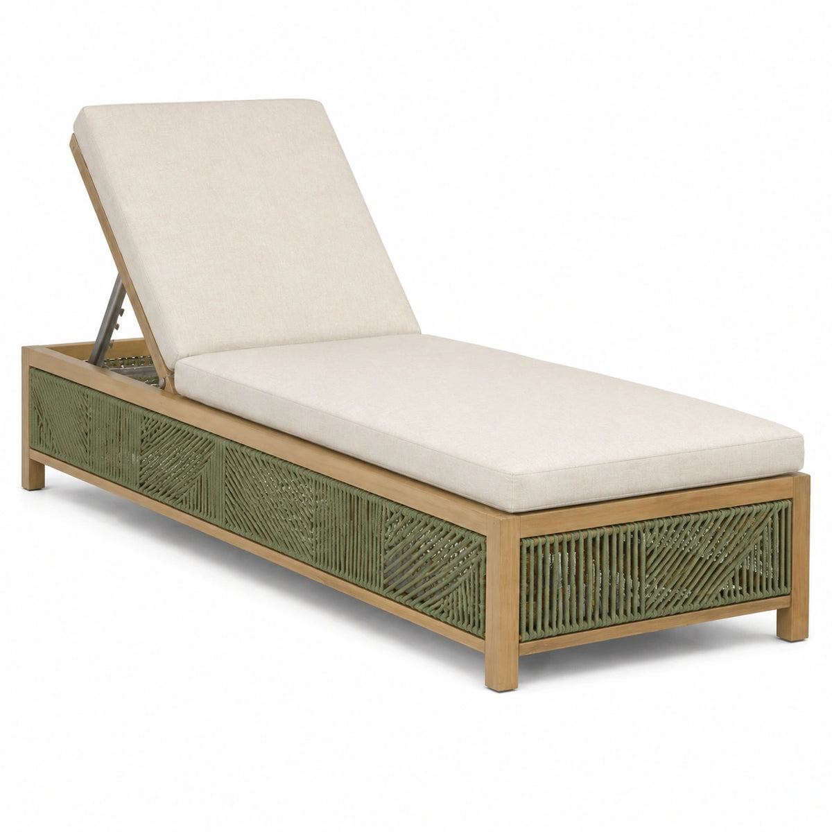 Gartenliege 200×70×35 cm aus Holz mit grünem Seilgeflecht und verstellbarer Rückenlehne