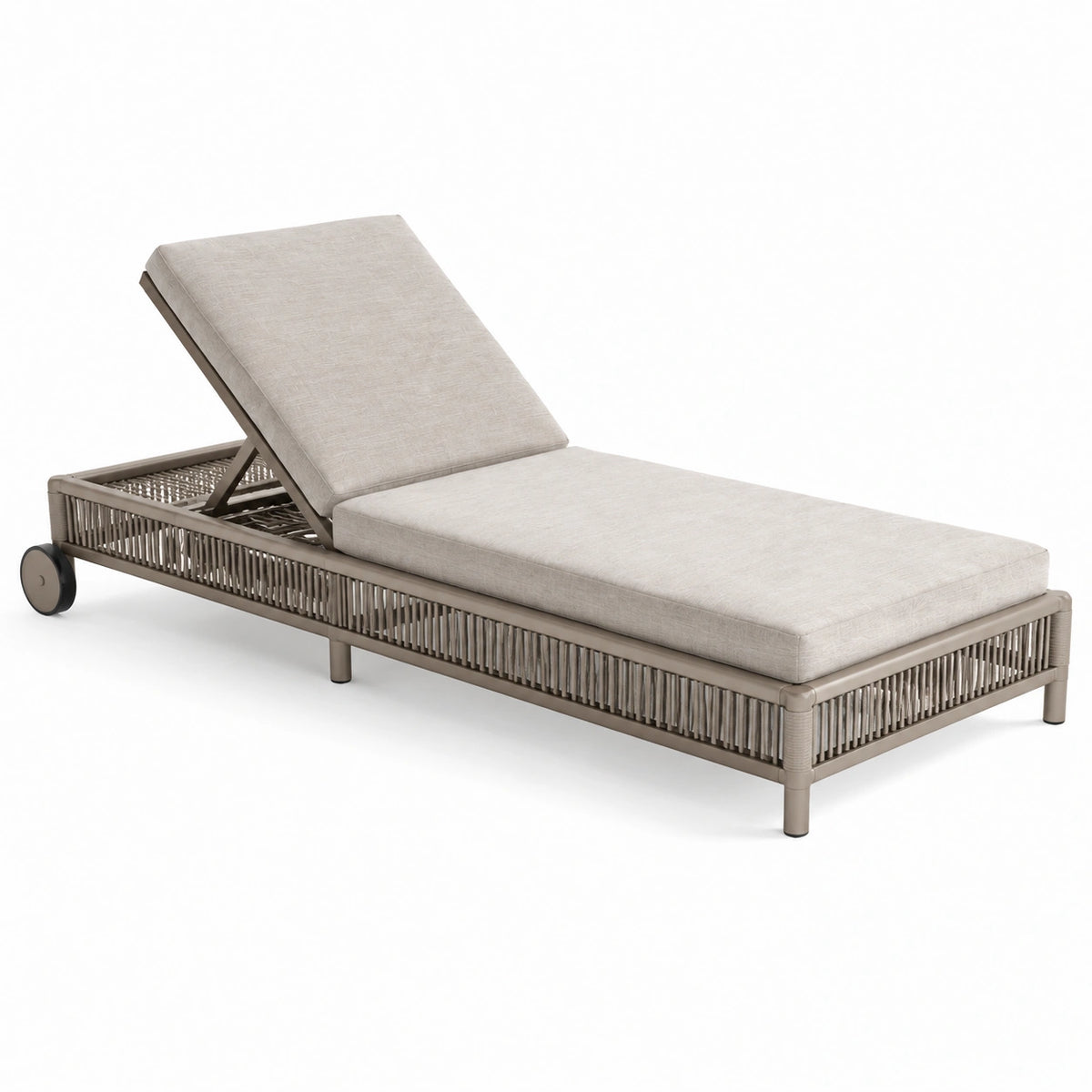 Gartenliege 200×75×35 cm aus Kunststoffgeflecht in Taupe mit verstellbarer Rückenlehne und Rollen