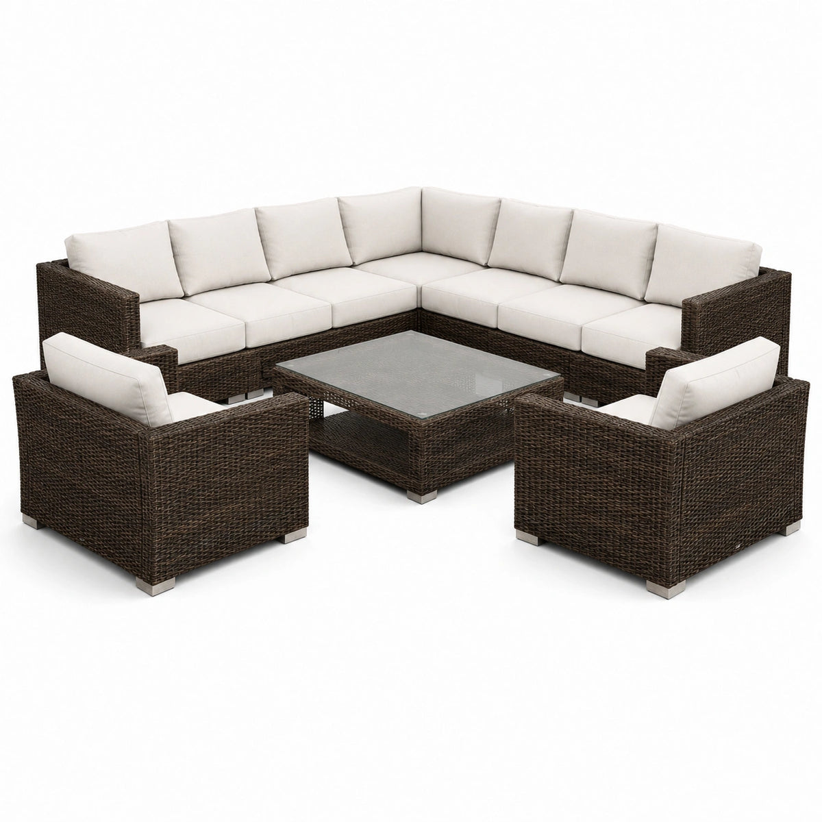 Gartenlounge-Set 300×220 cm aus Polyrattan Braun mit Glastisch für Terrasse
