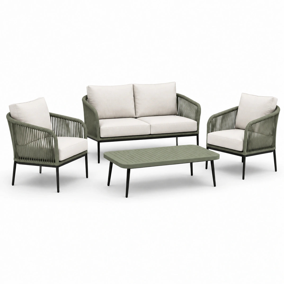 4-teiliges Gartenlounge-Set 135×75×76 cm Geflecht und Metall Olivgrün Creme für Terrasse