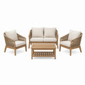 Gartenlounge Set 4-teilig aus Holz und Seilgeflecht Natur Beige für Terrasse