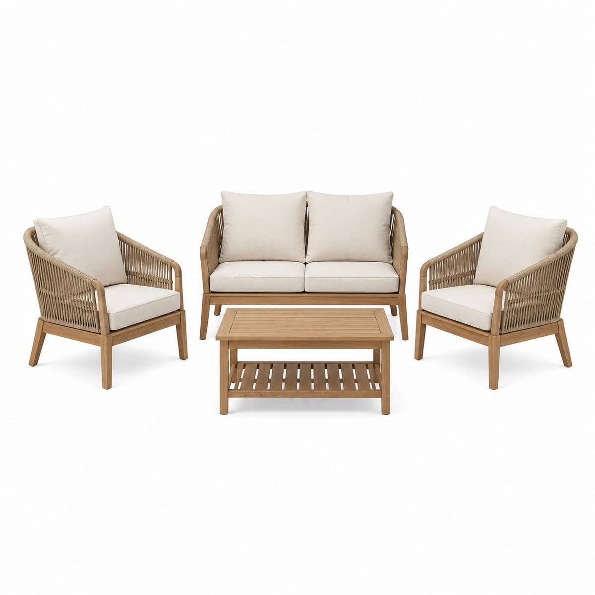 Gartenlounge Set 4-teilig aus Holz und Seilgeflecht Natur Beige für Terrasse