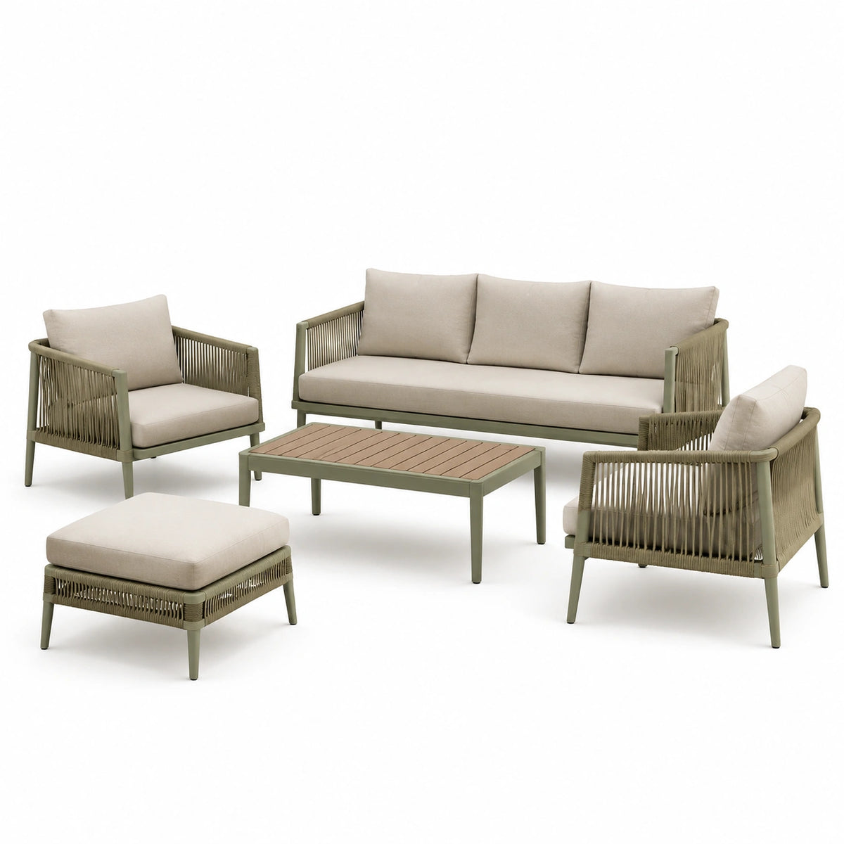 Gartenlounge-Set 5-teilig 200×75×78 cm Metall Geflecht Beige Olivgrün für Terrasse