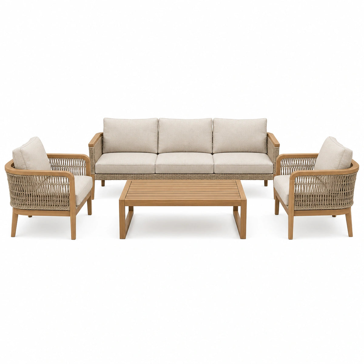 Gartenlounge Set 4-teilig 210×80×78 cm Holz Seilgeflecht Beige mit Couchtisch