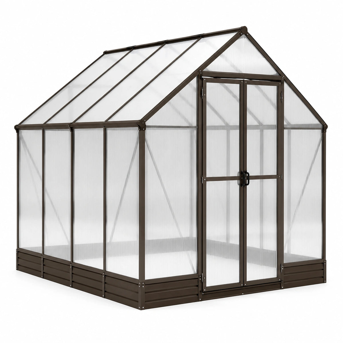 Gewächshaus 190×190×195 cm aus Metall und Polycarbonat Braun Transparent mit Doppeltür