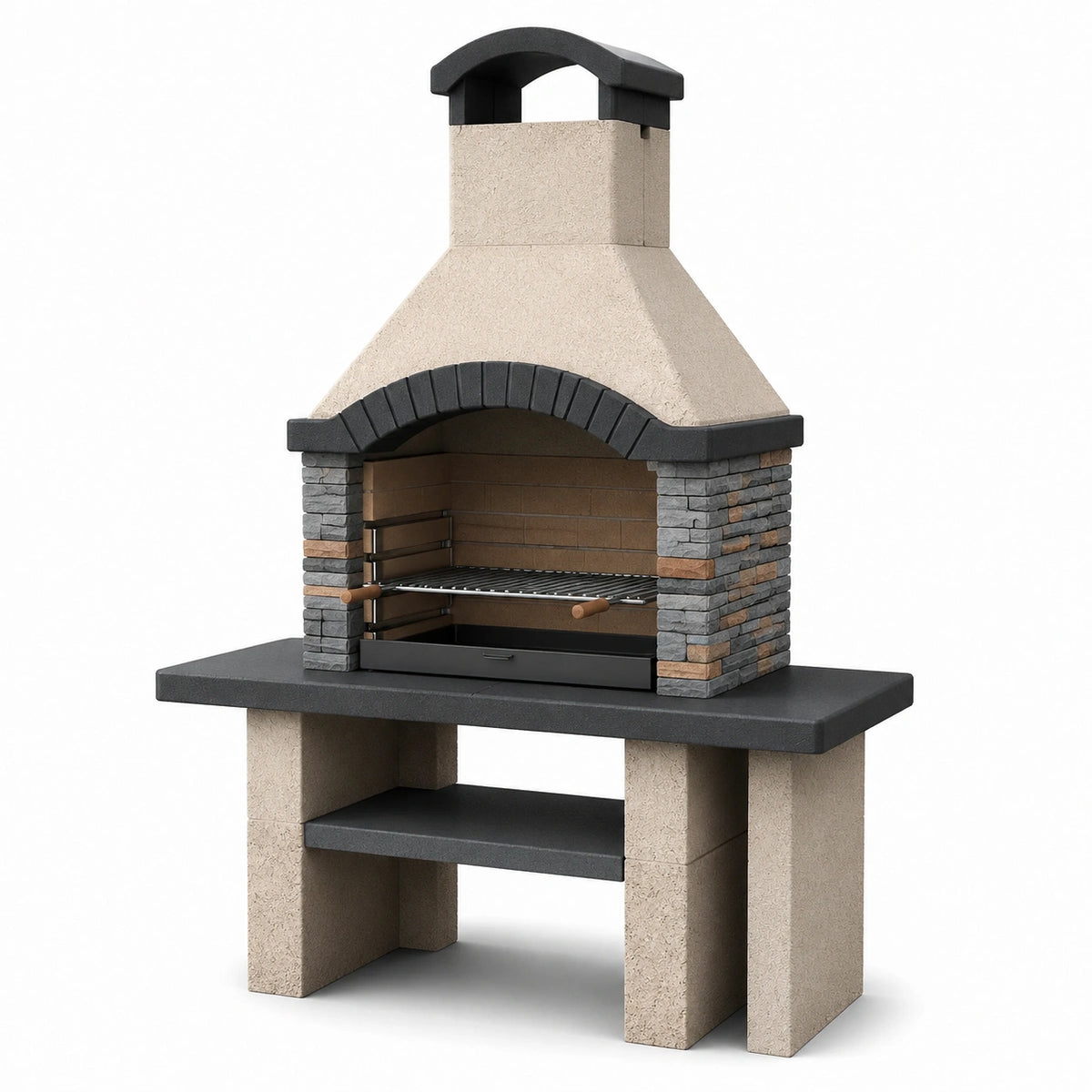 Gartengrill 120×70×220 cm Stein Schwarz Beige mit Kamin Holzkohlegrill