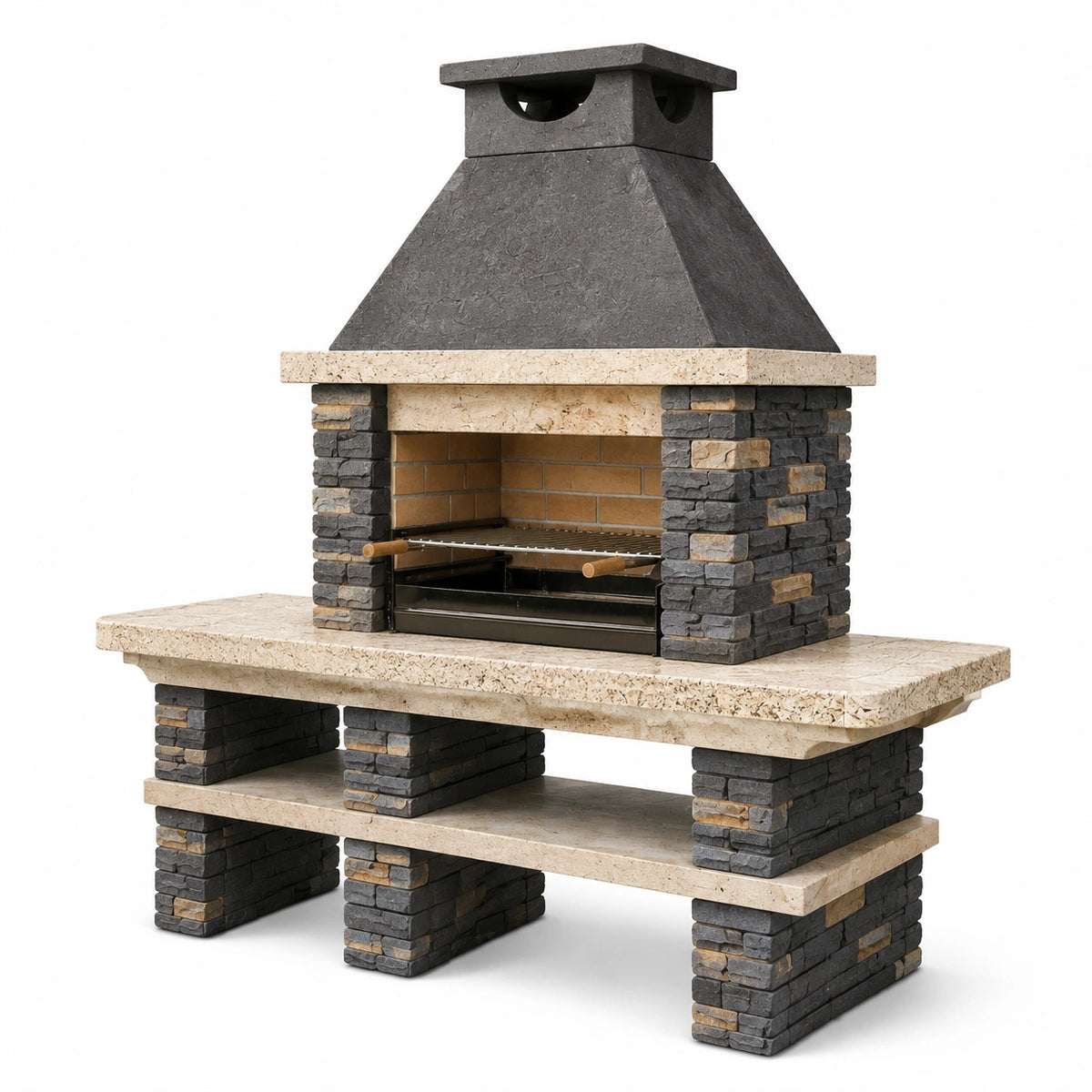 Gartengrill 150 x 80 x 220 cm aus Naturstein und Metall in Anthrazit Beige mit Grillrost