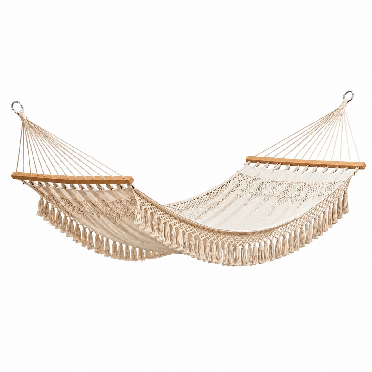 Hängematte 300 x 100 x 120 cm Baumwolle Beige mit Holzspreizstäben Boho für Garten und Terrasse