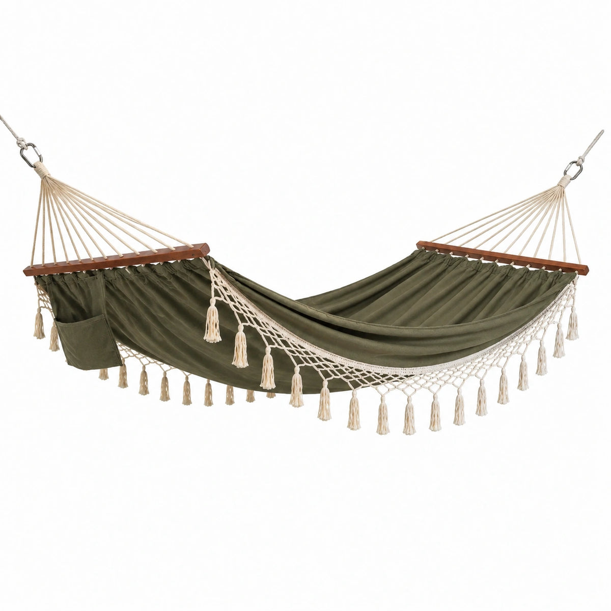 Hängematte 320×140 cm Baumwolle Olivgrün mit Holzspreizstäben Boho für Entspannung
