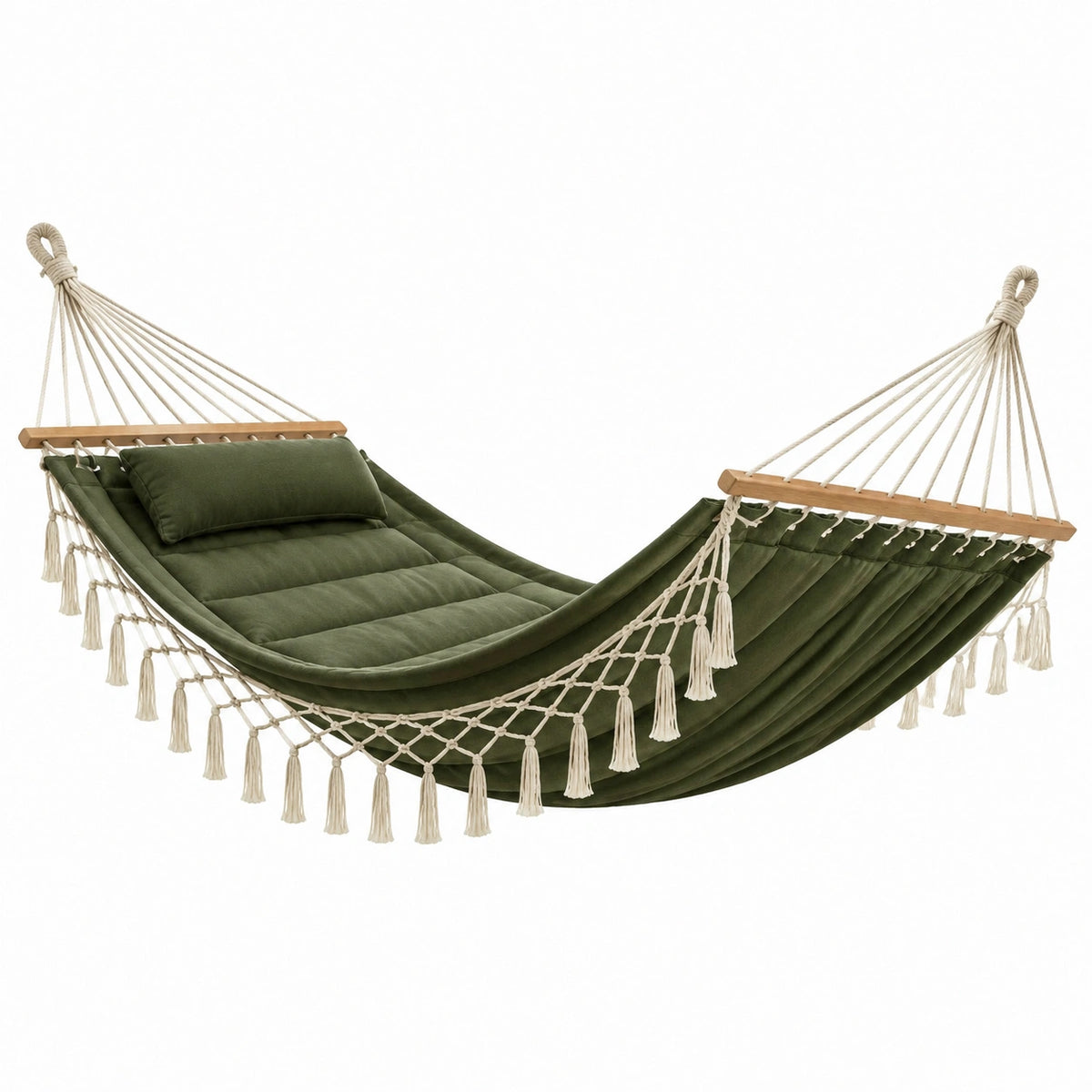 Hängematte 300×140 cm aus Textilgewebe in Olivgrün mit Holzstäben im Boho-Stil