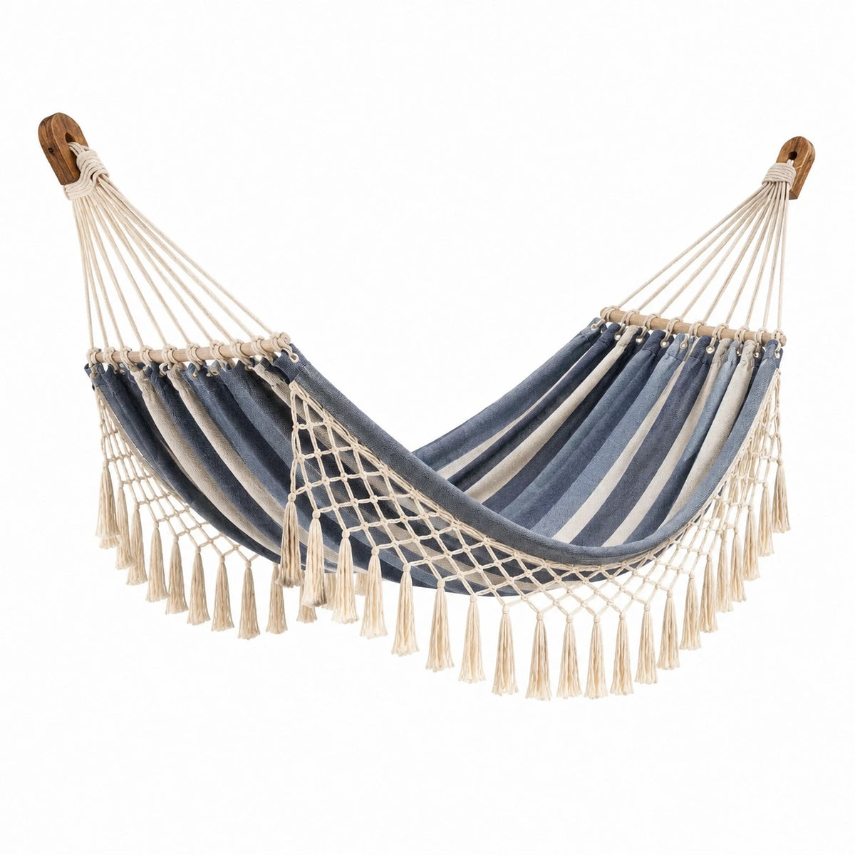 Hängematte 200×150×120 cm aus Baumwolle und Holz Blau Beige mit Fransen