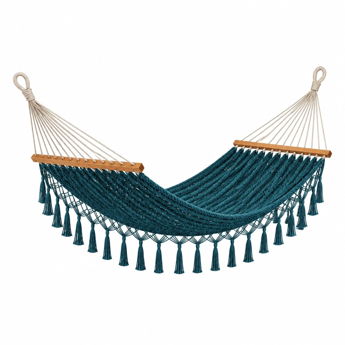 Hängematte 320×100×120 cm Baumwollseil Dunkeltürkis mit Holzspreizstäben im Boho-Stil