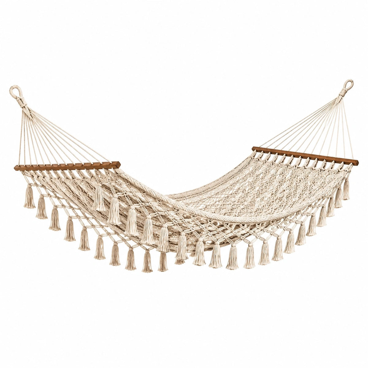 Hängematte 300 x 100 x 100 cm aus Baumwolle Natur/Braun mit Holzspreizstäben im Boho-Stil